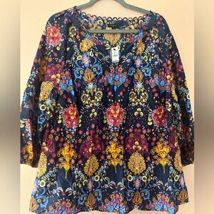 Talbots Floral Poplin Top Navy Medallion Print Plus Size 1x Colorful Boho Hippie